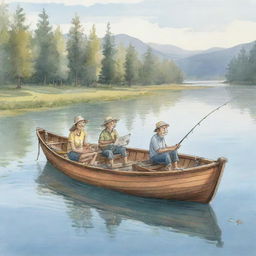 A light-hearted cartoon sketch of cheerful individuals fishing in a boat, engaged in storytelling, amid a serene lake setting.