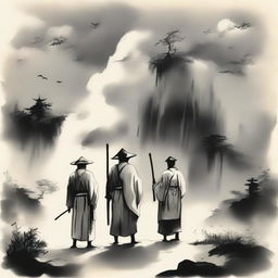 In an ink wash painting style, under thick clouds, three people are standing