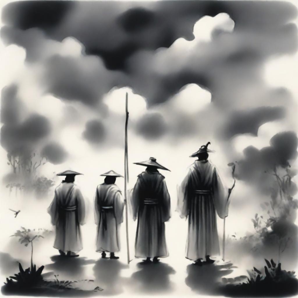 In an ink wash painting style, under thick clouds, three people are standing: in the center is a warrior wearing a bamboo hat; to the left is a swordsman in a white robe with a head crown; to the right is a doctor wearing a square scarf