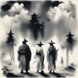 In an ink wash painting style, under thick clouds, three people are standing: in the center is a warrior wearing a bamboo hat; to the left is a swordsman in a white robe with a head crown; to the right is a doctor wearing a square scarf