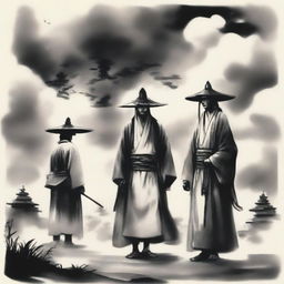 In an ink wash painting style, under thick clouds, three people are standing: in the center is a warrior wearing a bamboo hat; to the left is a swordsman in a white robe with a head crown; to the right is a doctor wearing a square scarf