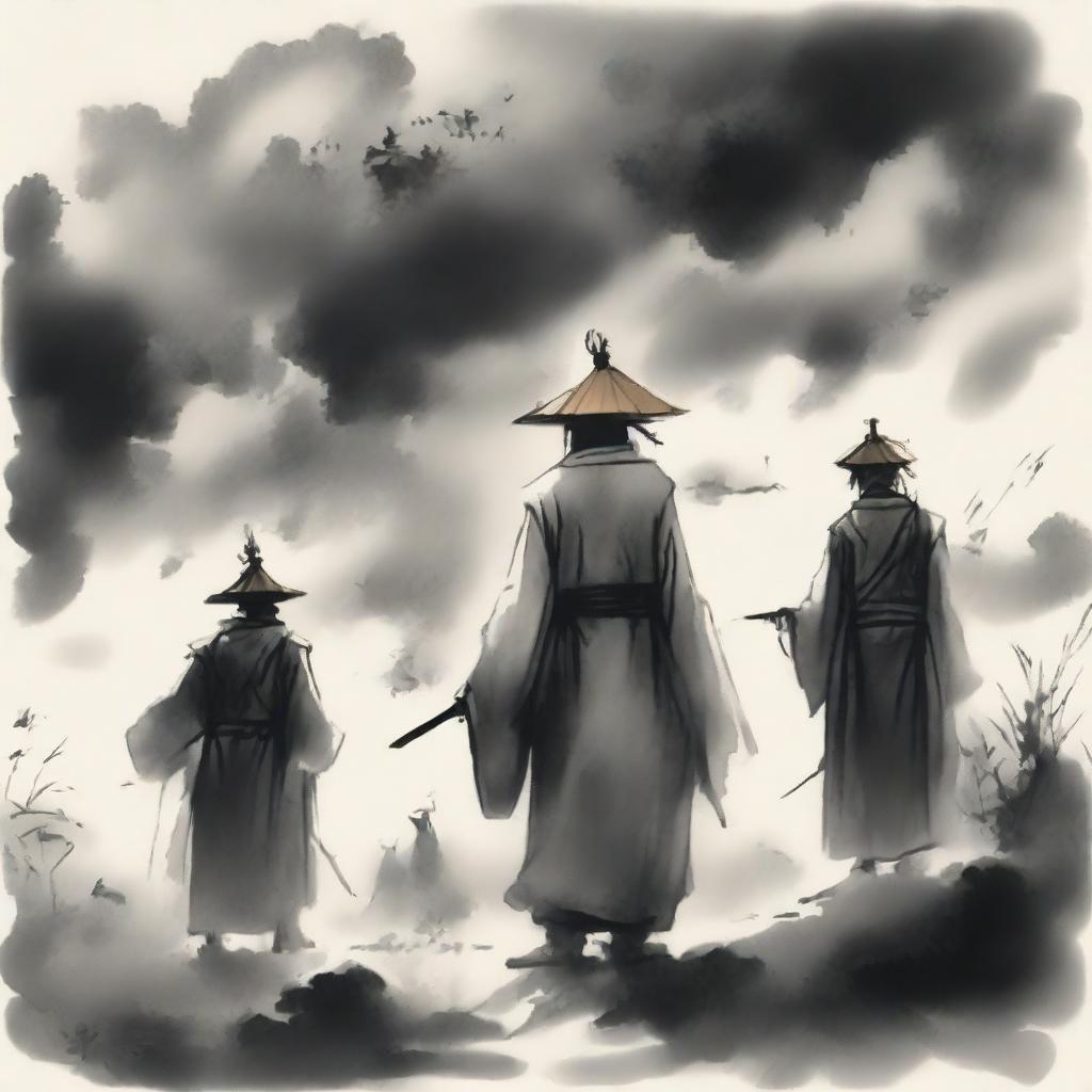 In an ink wash painting style, under thick clouds, three people are standing: in the center is a warrior wearing a bamboo hat; to the left is a swordsman in a white robe with a head crown; to the right is a doctor wearing a square scarf