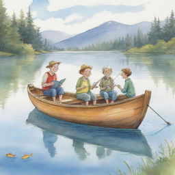 A light-hearted cartoon sketch of cheerful individuals fishing in a boat, engaged in storytelling, amid a serene lake setting.