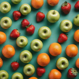 A vibrant assortment of various fresh fruits such as juicy oranges, ripe red strawberries, and glossy green apples against a contrastingly minimal background.