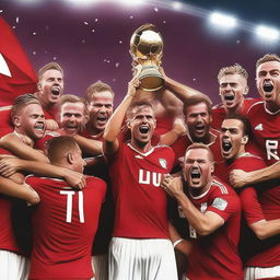 Create a movie poster of the Danish national football team celebrating their victory in the European Championship