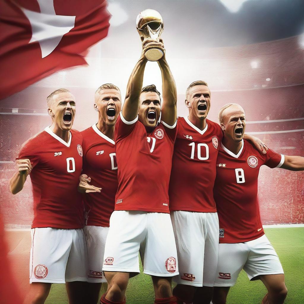 Create a movie poster of the Danish national football team celebrating their victory in the European Championship