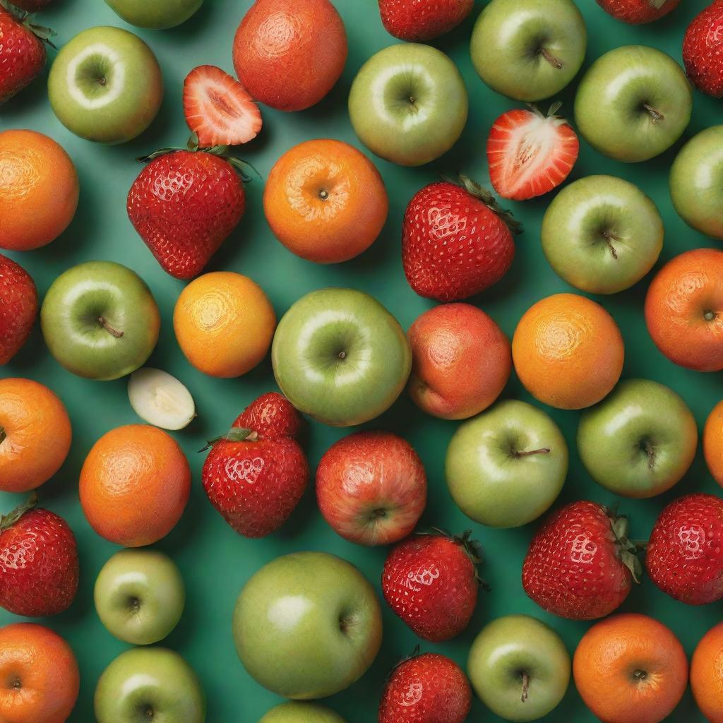 A vibrant assortment of various fresh fruits such as juicy oranges, ripe red strawberries, and glossy green apples against a contrastingly minimal background.