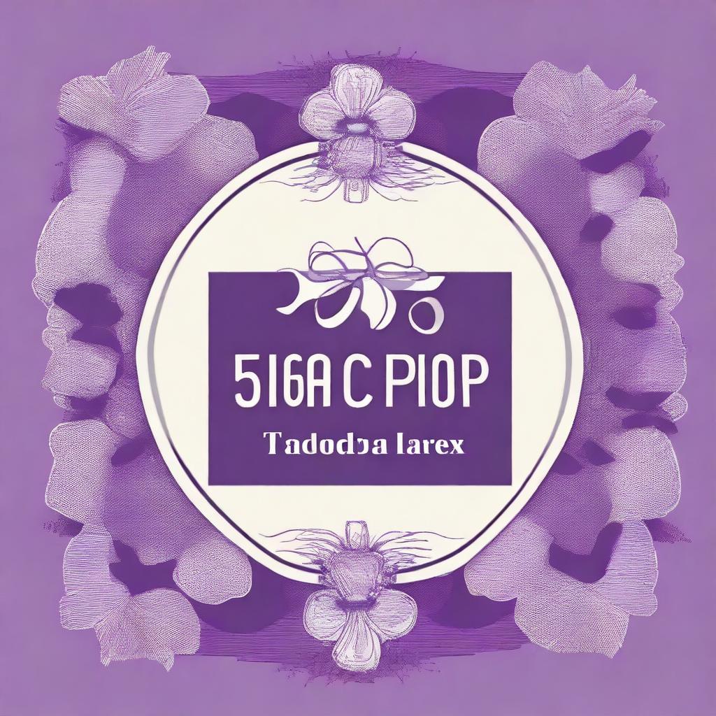 Create an artistic label that says 'Gracias por tu compra' with purple colors