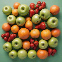 A vibrant assortment of various fresh fruits such as juicy oranges, ripe red strawberries, and glossy green apples against a contrastingly minimal background.