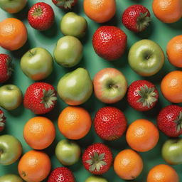 A vibrant assortment of various fresh fruits such as juicy oranges, ripe red strawberries, and glossy green apples against a contrastingly minimal background.