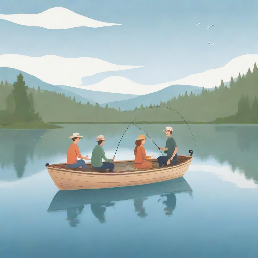 A simplistic cartoon illustration of joyful individuals sharing stories while fishing on a gentle boat floating in a tranquil lake.