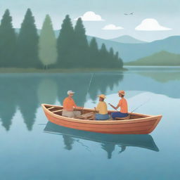 A simplistic cartoon illustration of joyful individuals sharing stories while fishing on a gentle boat floating in a tranquil lake.