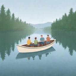 A simplistic cartoon illustration of joyful individuals sharing stories while fishing on a gentle boat floating in a tranquil lake.