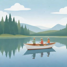 A simplistic cartoon illustration of joyful individuals sharing stories while fishing on a gentle boat floating in a tranquil lake.