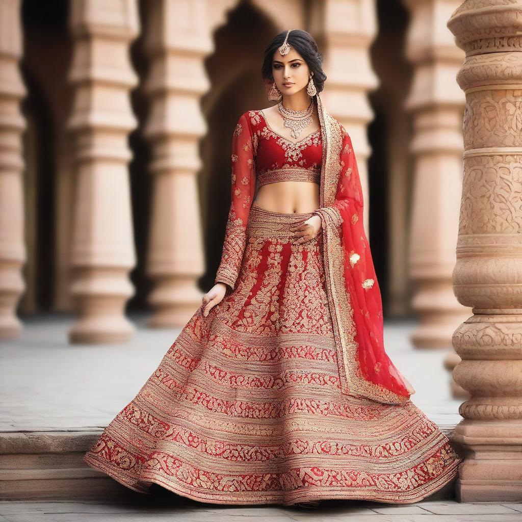 A beautiful Indian woman wearing a traditional lehenga