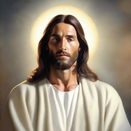 A serene and peaceful depiction of Jesus Christ in a traditional robe, with a gentle expression and a halo of light around his head