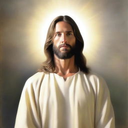 A serene and peaceful depiction of Jesus Christ in a traditional robe, with a gentle expression and a halo of light around his head