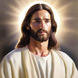 A serene and peaceful depiction of Jesus Christ in a traditional robe, with a gentle expression and a halo of light around his head