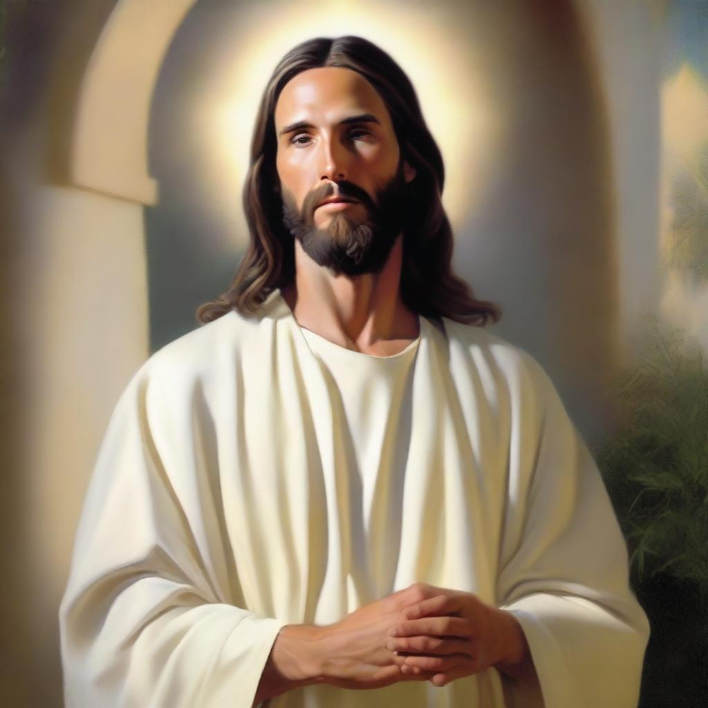 A serene and peaceful depiction of Jesus Christ in a traditional robe, with a gentle expression and a halo of light around his head