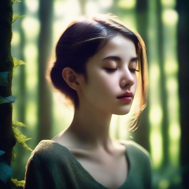 A serene image of a girl with closed eyes standing in a dense forest