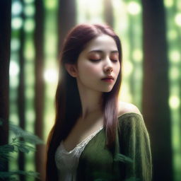 A serene image of a girl with closed eyes standing in a dense forest