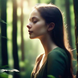 A serene image of a girl with closed eyes standing in a dense forest