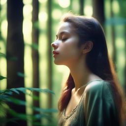 A serene image of a girl with closed eyes standing in a dense forest