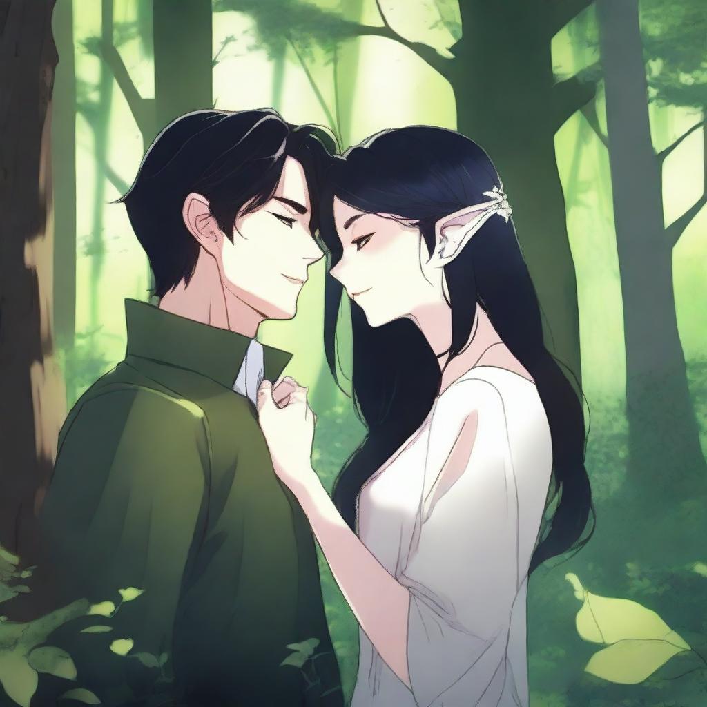 A serene scene in a dense forest where a girl with closed eyes and black hair stands, while a mysterious vampire man whispers in her ear