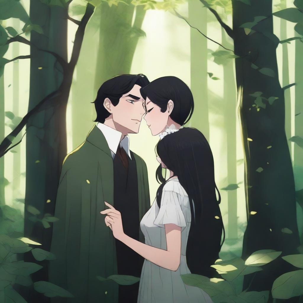 A serene scene in a dense forest where a girl with closed eyes and black hair stands, while a mysterious vampire man whispers in her ear