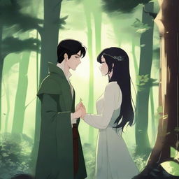 A serene scene in a dense forest where a girl with closed eyes and black hair stands, while a mysterious vampire man whispers in her ear