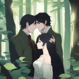 A serene scene in a dense forest where a girl with closed eyes and black hair stands, while a mysterious vampire man whispers in her ear