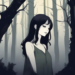 A girl with black hair and closed eyes standing in a dense, dark forest