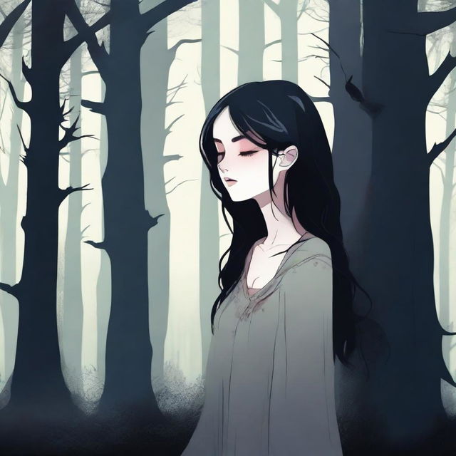 A girl with black hair and closed eyes standing in a dense, dark forest