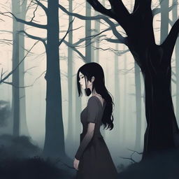 A girl with black hair and closed eyes standing in a dense, dark forest