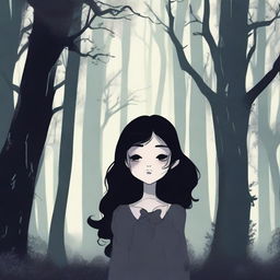 A girl with black hair and closed eyes standing in a dense, dark forest