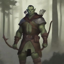 A semi-orc ranger standing in a dense forest, armed with a bow and arrows