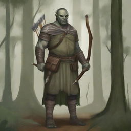 A semi-orc ranger standing in a dense forest, armed with a bow and arrows