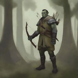 A semi-orc ranger standing in a dense forest, armed with a bow and arrows