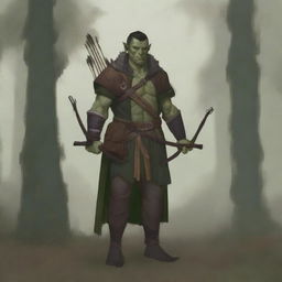 A semi-orc ranger standing in a dense forest, armed with a bow and arrows