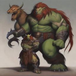 A semi-orc master beast tamer standing proudly with a large, ferocious beast by his side