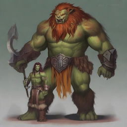 A semi-orc master beast tamer standing proudly with a large, ferocious beast by his side