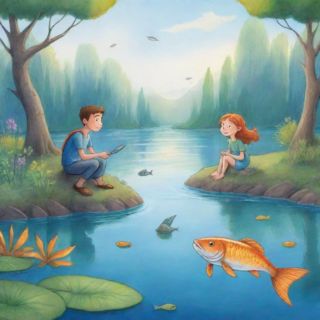 An easy-to-draw, vibrant and fun-filled cartoon scene for a children's book showing Finn and Fiona, animatedly sharing fanciful tales about legendary fish, as they patiently wait by the mystical lake.