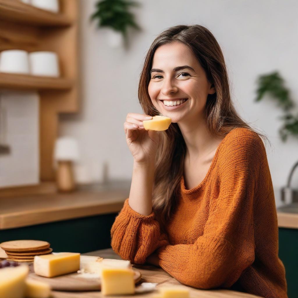 A young woman is eating cheese