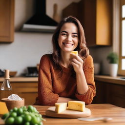 A young woman is eating cheese