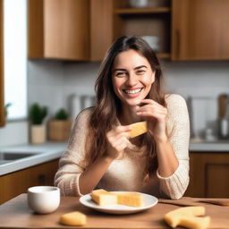 A young woman is eating cheese