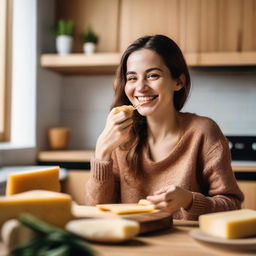 A young woman is eating cheese