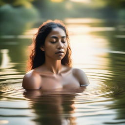 A serene scene featuring a woman in the water