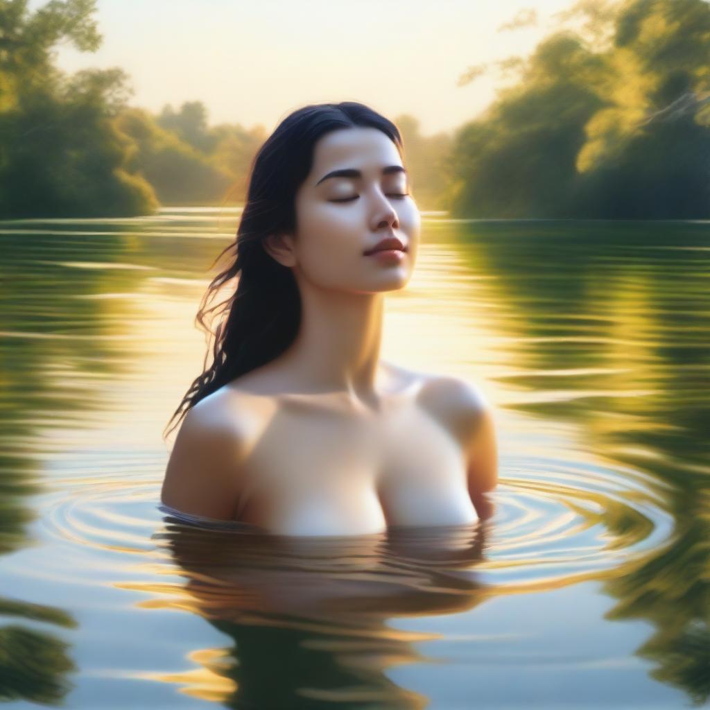 A serene scene featuring a woman in the water