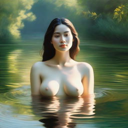 A serene scene featuring a woman in the water