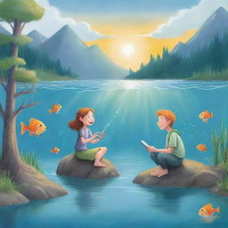 An easy-to-draw, vibrant and fun-filled cartoon scene for a children's book showing Finn and Fiona, animatedly sharing fanciful tales about legendary fish, as they patiently wait by the mystical lake.